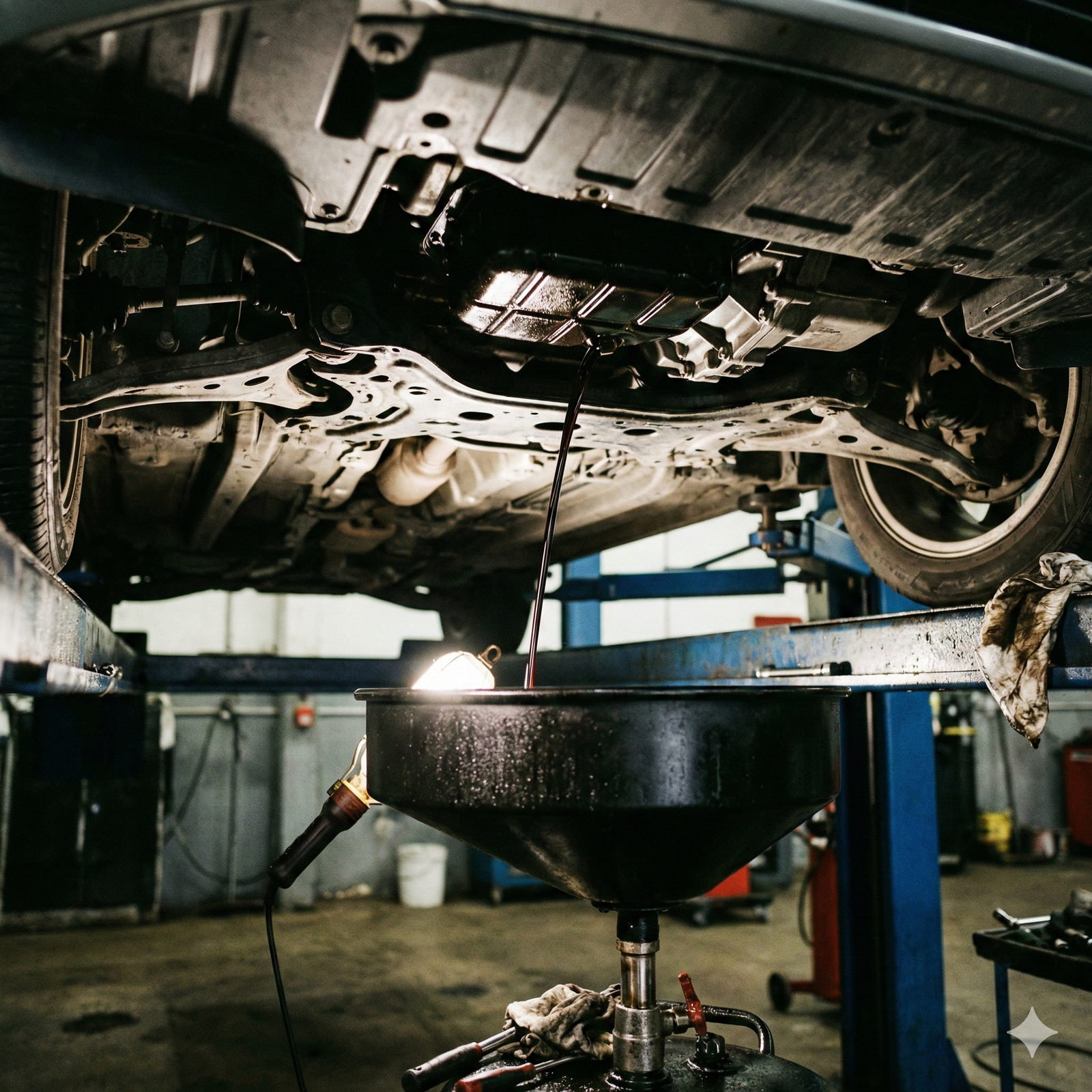 Procedimento de drenagem de óleo usado em oficina mecânica no Sol e Mar, São Luís.
